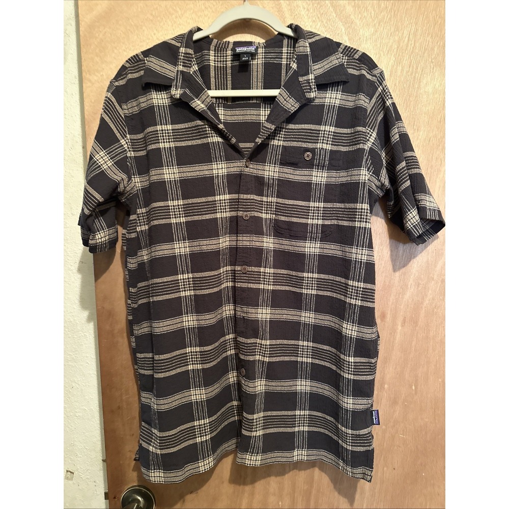 Mens Patagonia Seersucker Button Front Shirt Organic Cotton Size L Brown